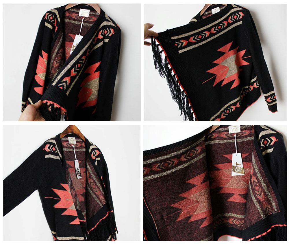 Women Ethnic Boho Sweater Aztec Tribal Gypsy Knit Fringe Cardigan Coat ...