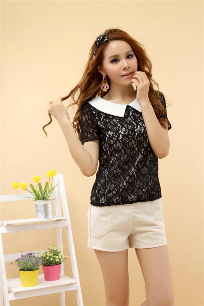 NEW Ladies women's short sleeve bow blouse hollow blouses Tops Tees ...