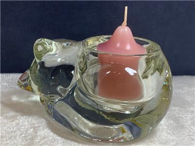 Vintage Avon Sleeping Cat Votive Crystal Glass Candle Holder Paper