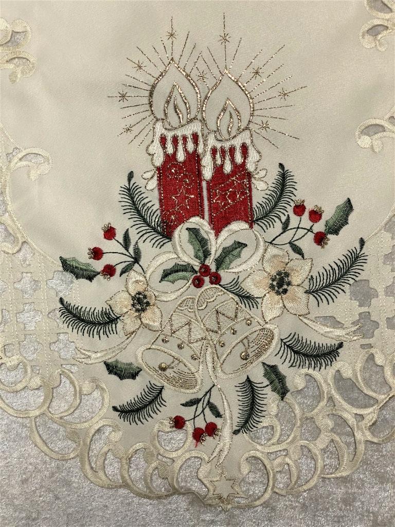 Christmas Embroidered Cutwork Table Runner Candles Bells Holly 54" Long