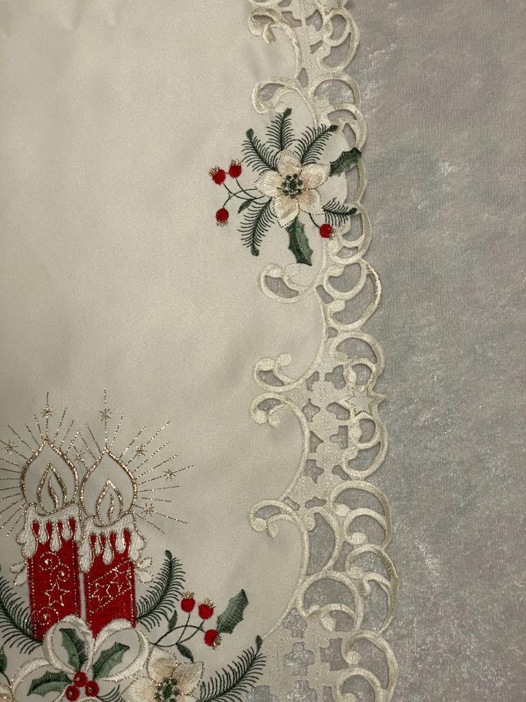 Christmas Embroidered Cutwork Table Runner Candles Bells Holly 54" Long