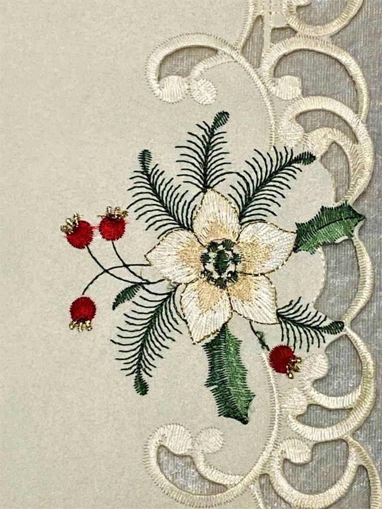 Christmas Embroidered Cutwork Table Runner Candles Bells Holly 54" Long