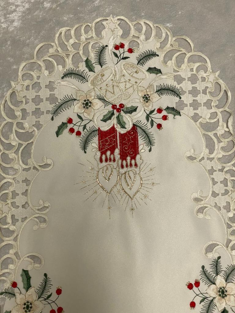 Christmas Embroidered Cutwork Table Runner Candles Bells Holly 54" Long