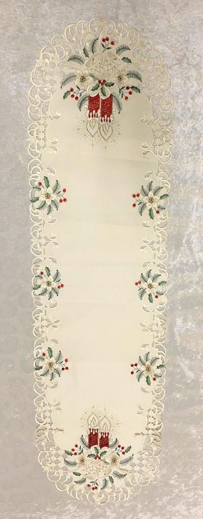Christmas Embroidered Cutwork Table Runner Candles Bells Holly 54" Long