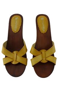 $800 Michaela MINT Yellow Leather Slides Wood Wedge Womens