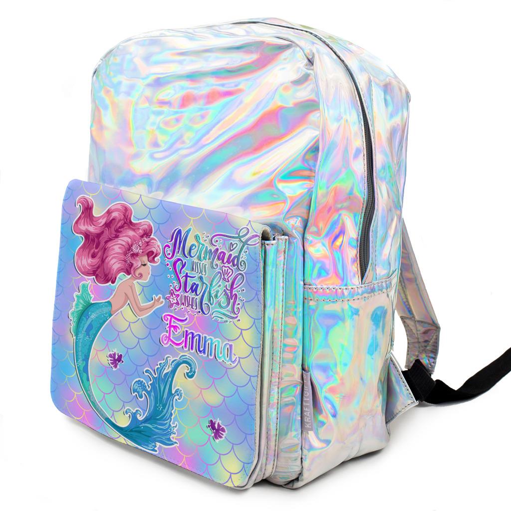 MERMAID Bag Girls School Backpack Shiny Silver Holographic Bag ADD NAME ...