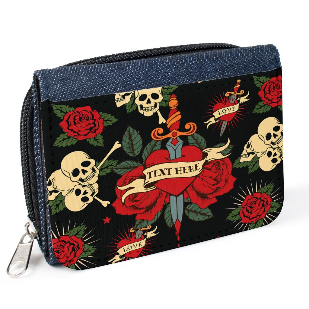 Personalised Girls Purse SKULL ROSE TATTOO School Denim Christmas Gift SH232