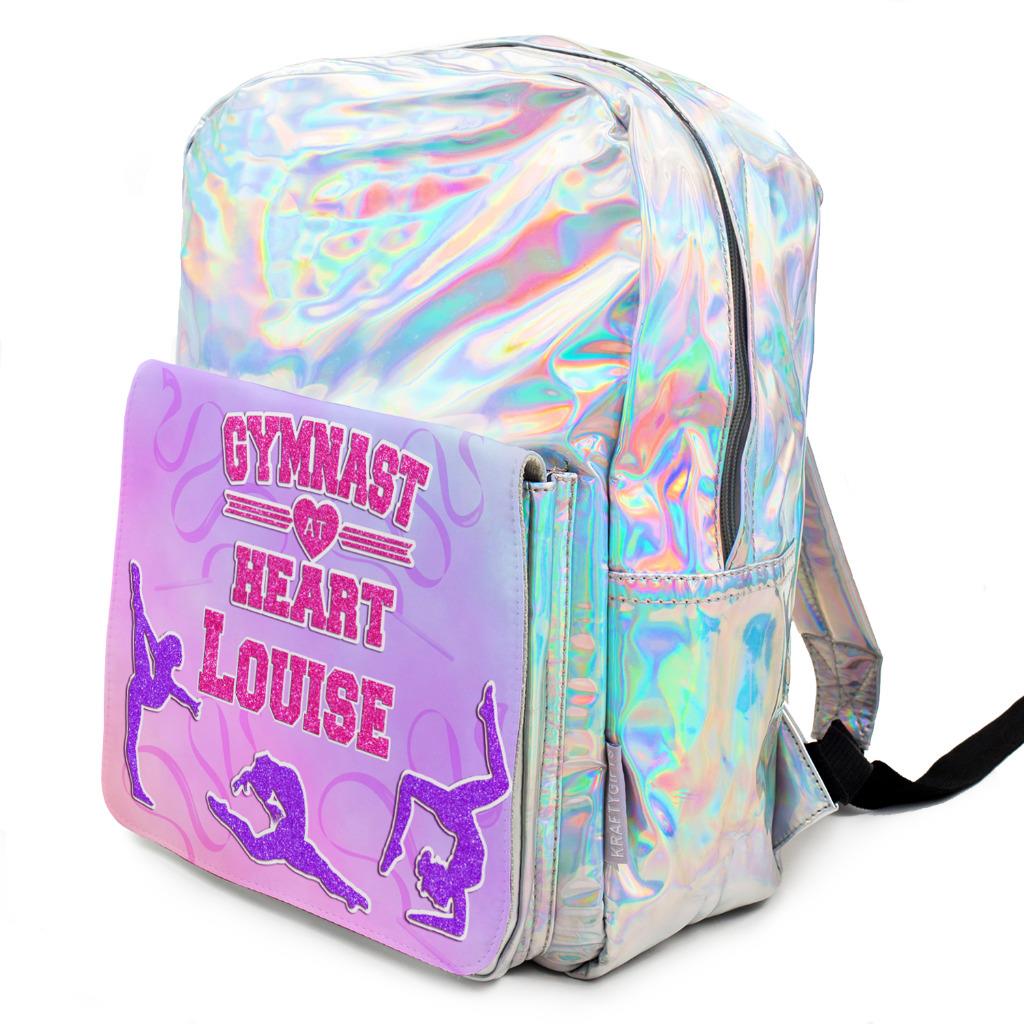 GYMNASTIC Bag Girls School Shiny Backpack Silver Holographic ADD NAME