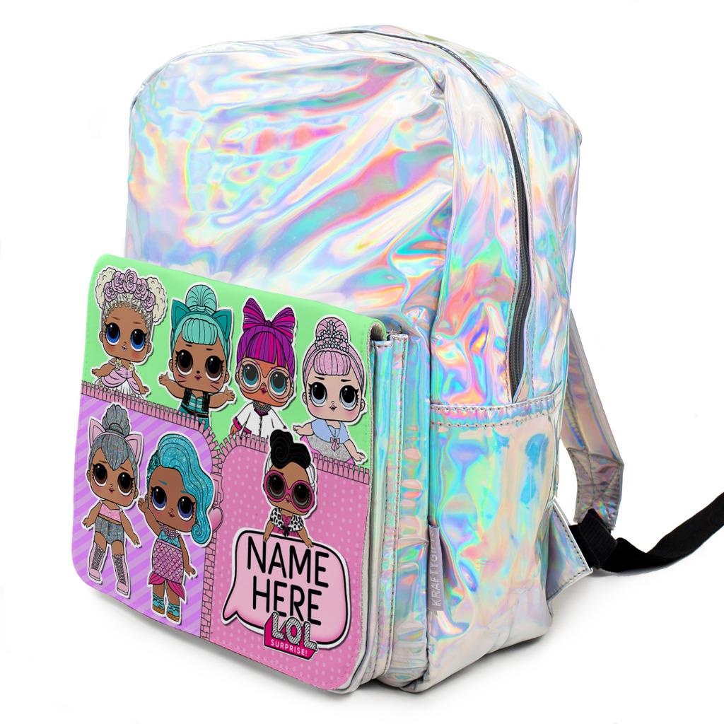 Personalised Girls Backpack LOL DOLLS Holographic Shiny Silver School