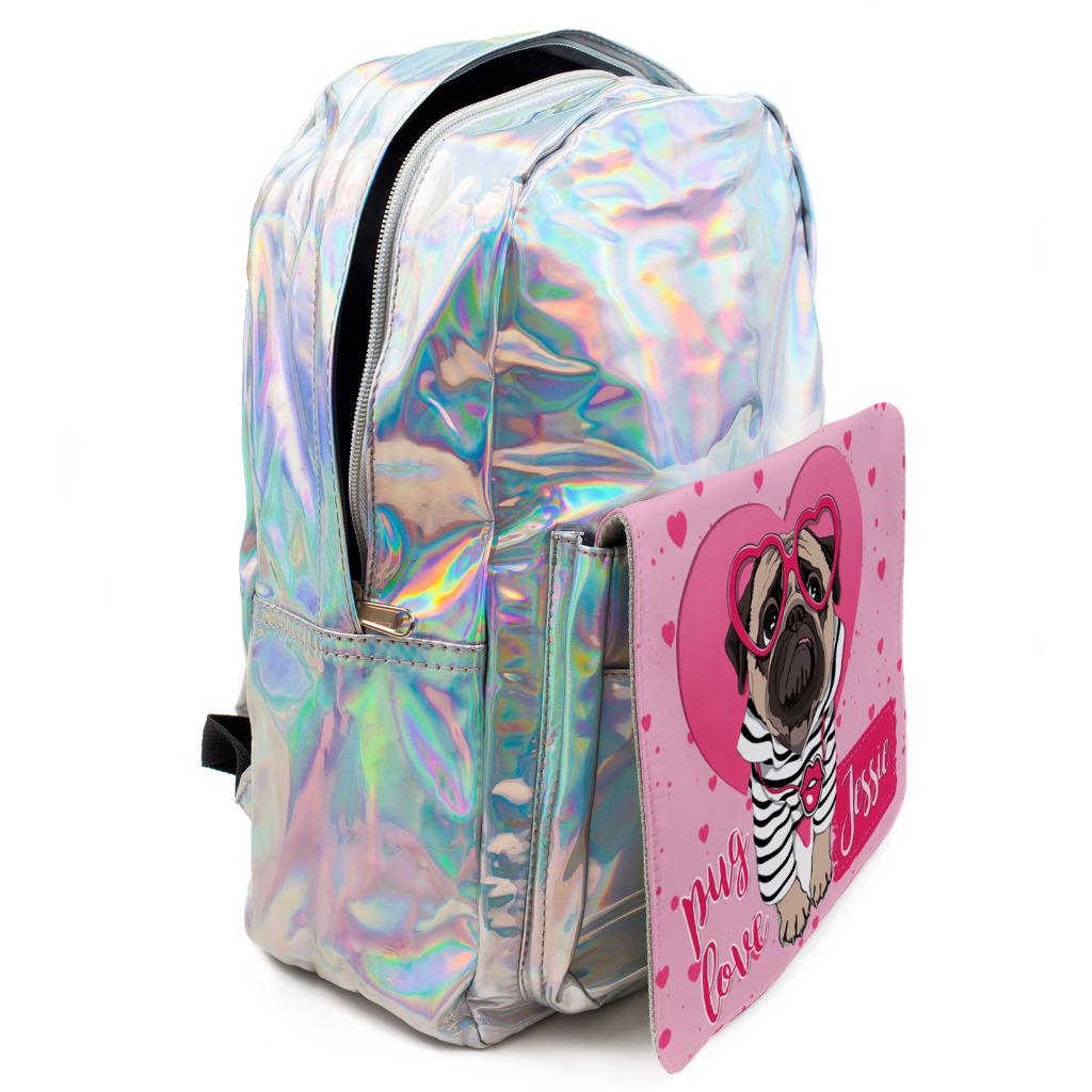PUG Puppy Bag Girls School Shiny Backpack Silver Holographic ADD NAME
