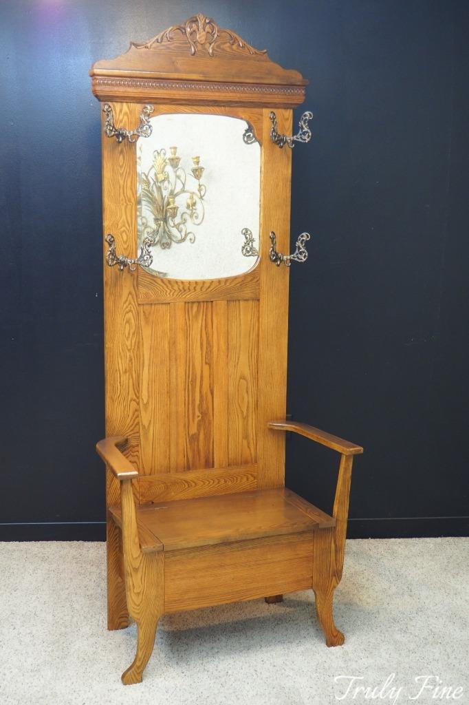 Authentic Antique Victorian Golden Oak Hall Seat Coat Hat Rack Foyer