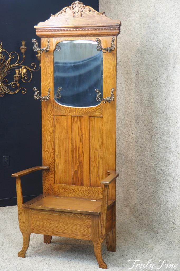 Authentic Antique Victorian Golden Oak Hall Seat Coat Hat Rack Foyer