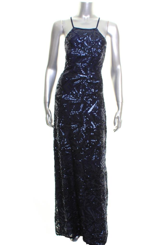 New Women's Nightway Dress Navy Blue Size 8 Printed Sequin Halter Gown ...