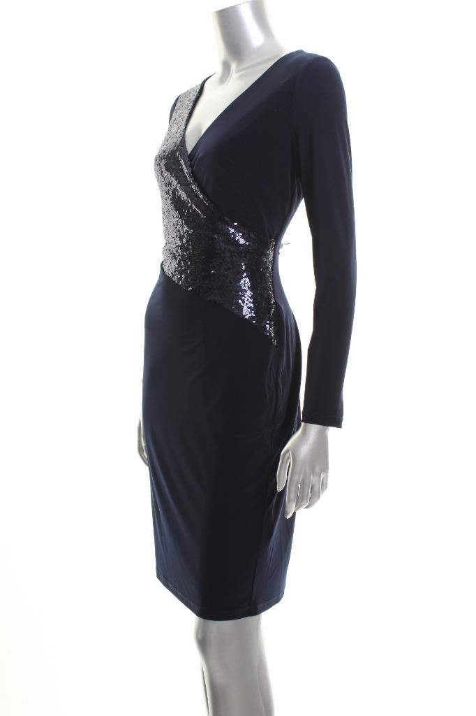 New Women's Lauren Ralph Lauren Navy Blue Sequined Faux Wrap Dress Sz ...