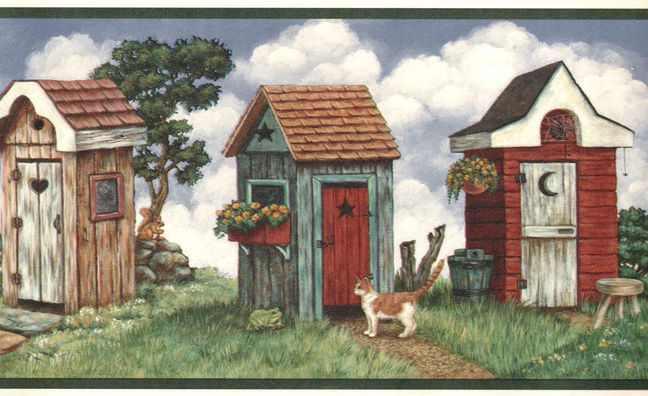 Primitive Folk Art Country Outhouse Garden Cat Rustic Bathroom Wallpaper Border 623467019738 eBay