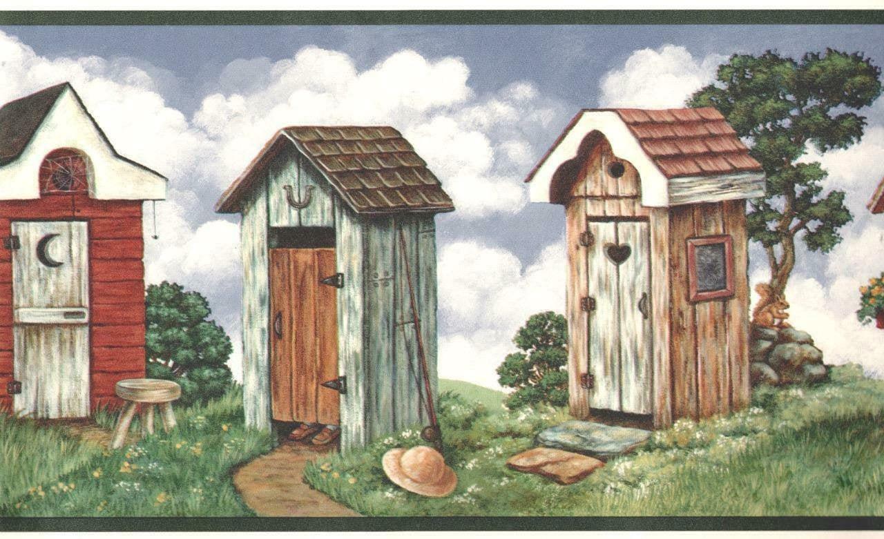 Primitive Folk Art Country Outhouse Garden Cat Rustic Bathroom Wallpaper Border 623467019738 eBay