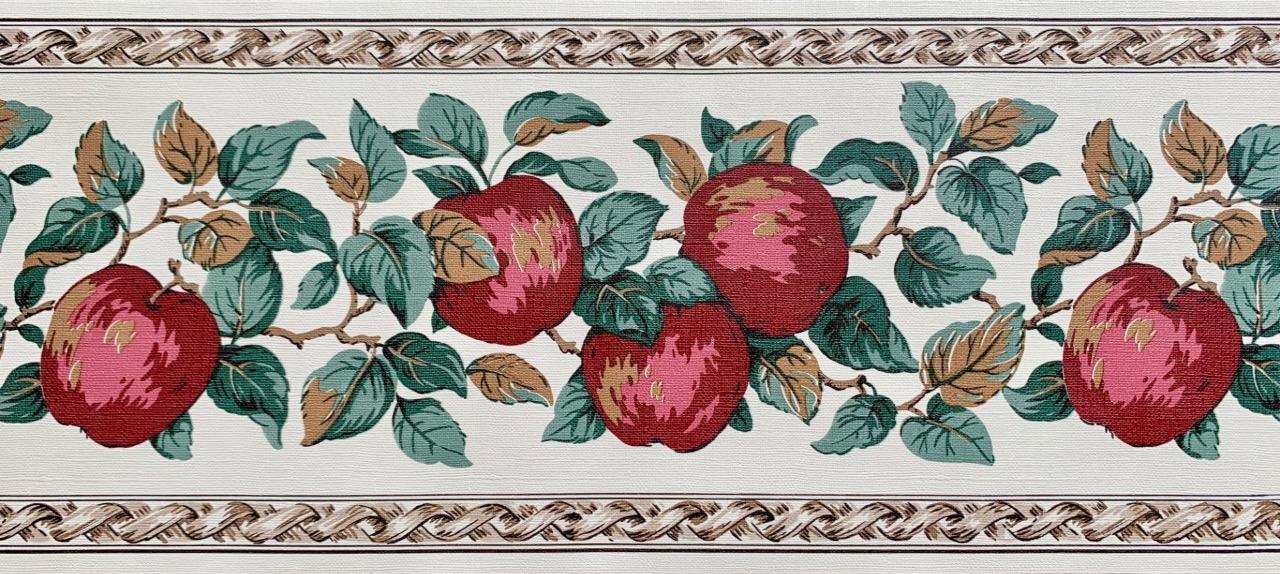 Primitive Fruits Leaf Vines Red Apples Country Kitchen Wallpaper Border