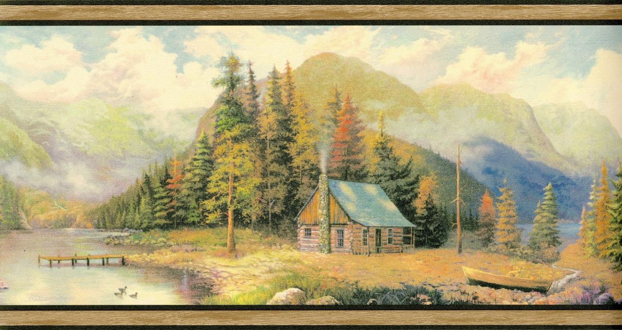 Country Lake Creek Log Cabin Pine tree Wharf Canoe Nature Scene