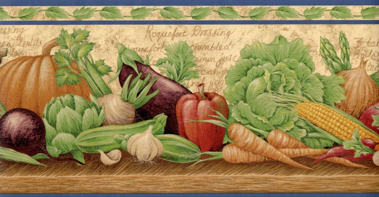 Farm Fresh Recipes Vegetables on Brown Shelf Country Kitchen Wallpaper