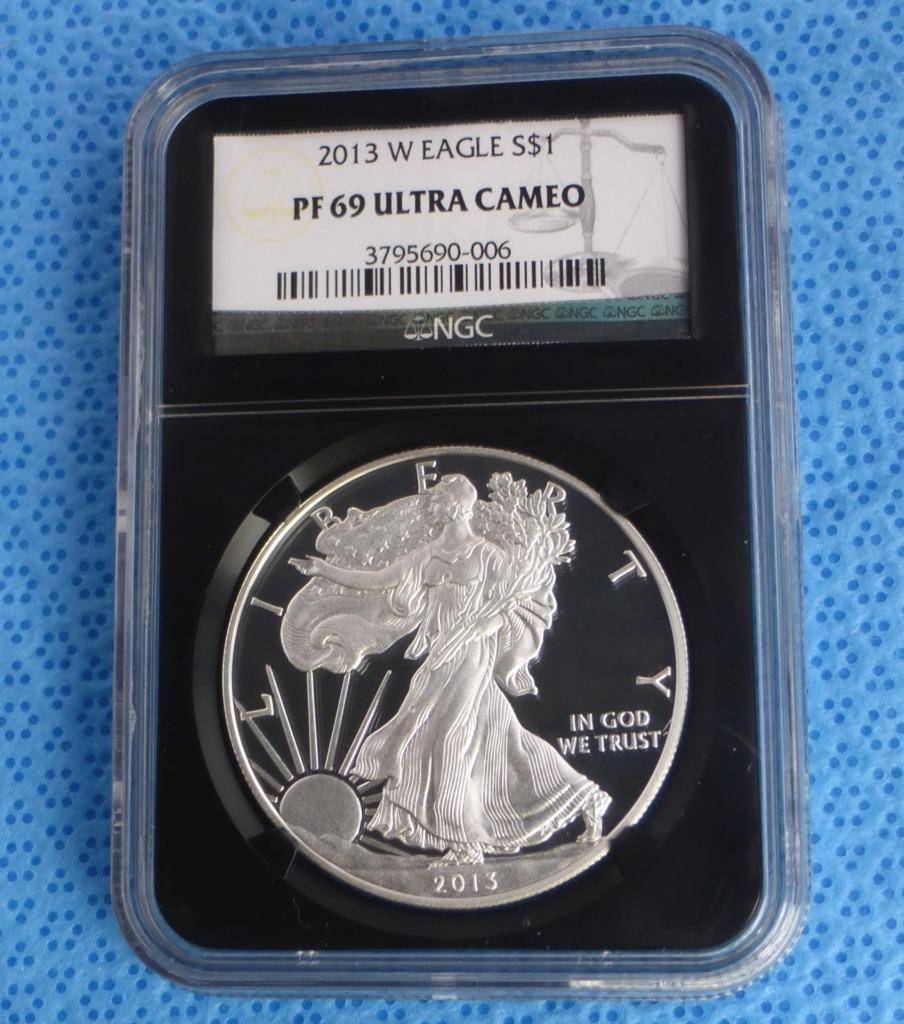 2013 W NGC PF 69 U-Cam Silver Eagle Dollar, Proof 69 Ultra Cameo, Black Slab