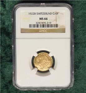 1922 B NGC MS 66 Switzerland GOLD 10 Francs Helvetia, Gem MS 66 Certified Coin