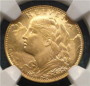1922 B NGC MS 66 Switzerland GOLD 10 Francs Helvetia, Gem MS 66 Certified Coin