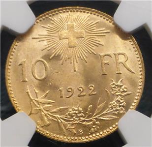1922 B NGC MS 66 Switzerland GOLD 10 Francs Helvetia, Gem MS 66 Certified Coin