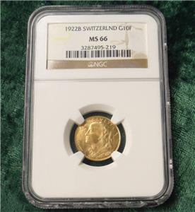1922 B NGC MS 66 Switzerland GOLD 10 Francs Helvetia, Gem MS 66 Certified Coin