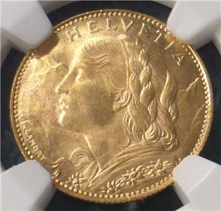 1922 B NGC MS 66 Switzerland GOLD 10 Francs Helvetia, Gem MS 66 Certified Coin