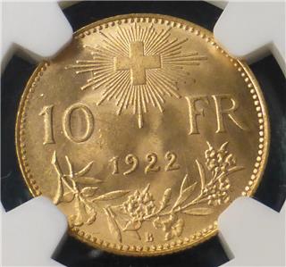 1922 B NGC MS 66 Switzerland GOLD 10 Francs Helvetia, Gem MS 66 Certified Coin