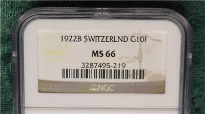 1922 B NGC MS 66 Switzerland GOLD 10 Francs Helvetia, Gem MS 66 Certified Coin