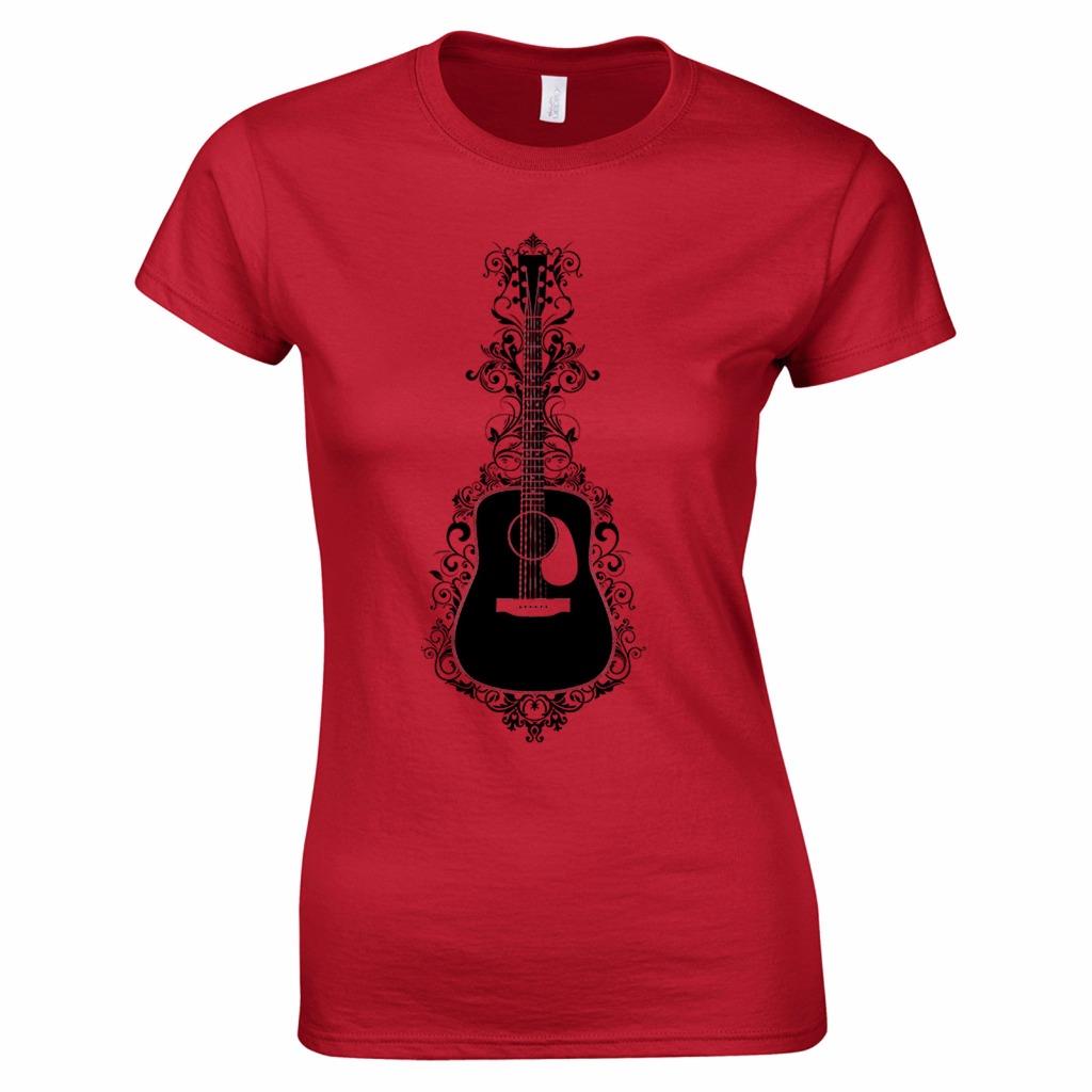 Floral Acoustic Guitar Rock & Roll Blues Band String Music Womens T Shirt