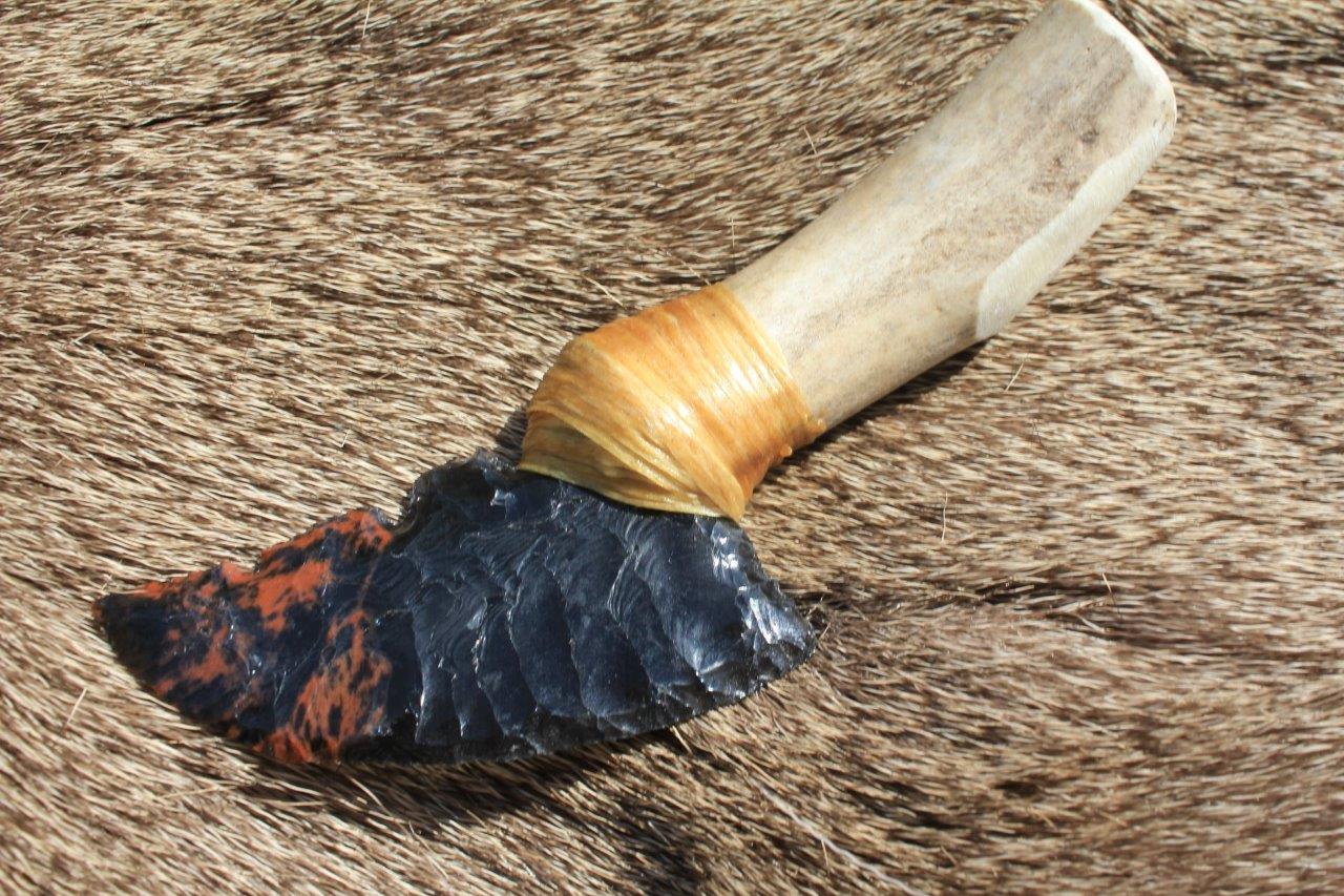 61/8" Long Triple Flow Obsidian Flint Knapped Knife Blade on Deer