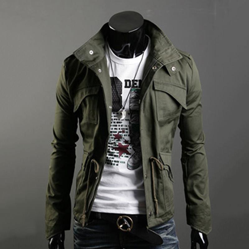 Mens Zip Button Hooded Military Slim Fit Collar Jacket Long Coat
