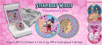 2017 Niue $2 Steamboat Willie Valentine/'S Day Dreams 1Oz Silver Gold Plated Coin