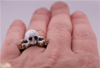Antique Victorian Skull Occultist Ring Gilt Silver Enamel Garnets
