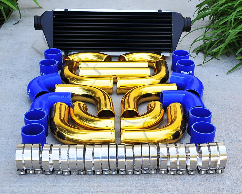 12 pcs 2.5" Black Intercooler + Gold Piping + Blue Silicone Coupler