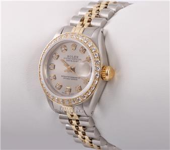 rolex women's datejust two tone fluted custom silver diamond dial