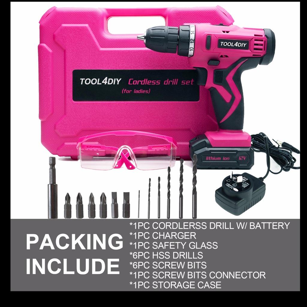 TOOL4DIY 12V Pink Cordless Electric Drill Driver Kit for Women Tool for Ladies eBay