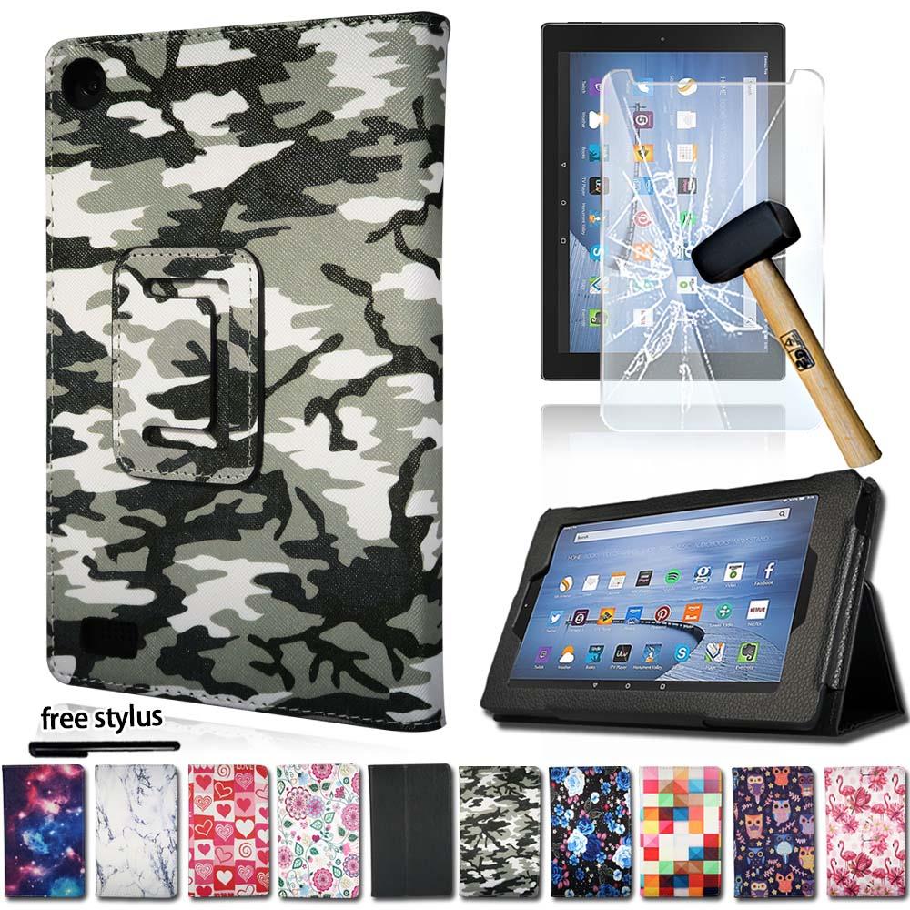 Leather Stand Cover Case Tempered Glass Screen Protector For Amazon Fire HD 8/"