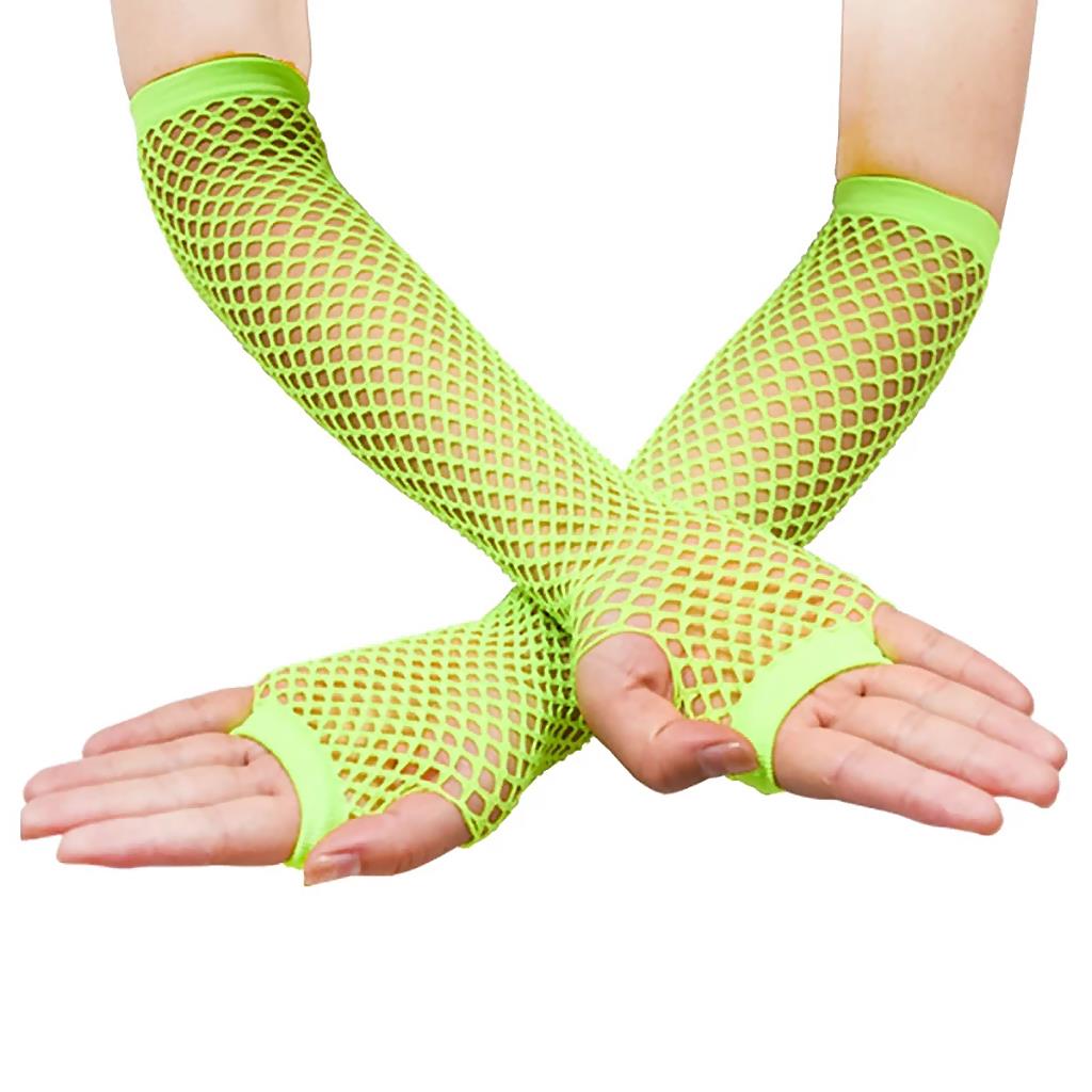 Neon Tone Fishnet Fingerless Elbow Sleeves Gloves Punk Fashion Costume 80s Style - Picture 10 of 13