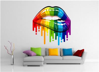 Rainbow Lips Makeup Lipstick Retro Guitar Paint Wall Art Sticker