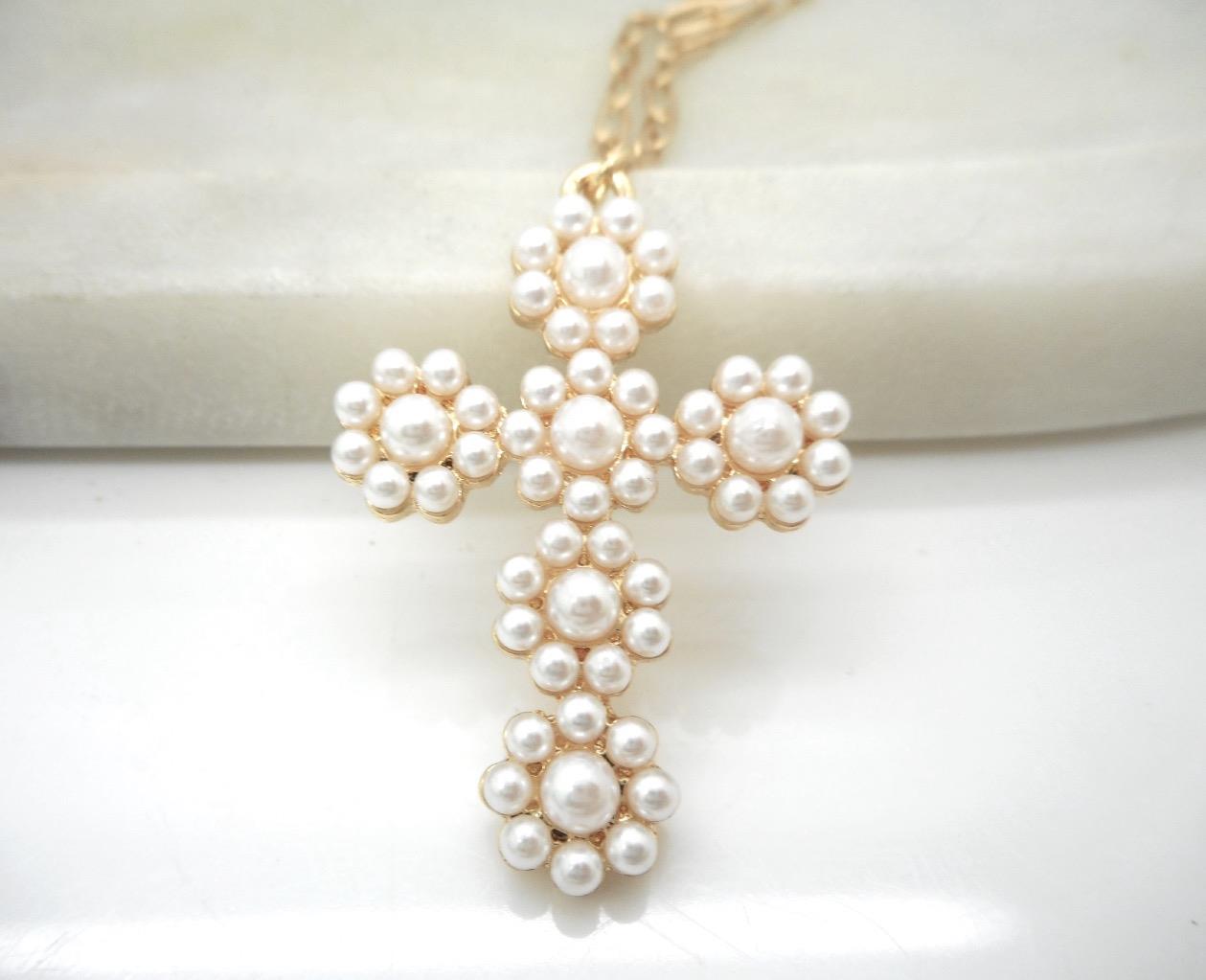 Pearl Cross Women's Necklace Pendant Unique Chain Gold or Silver