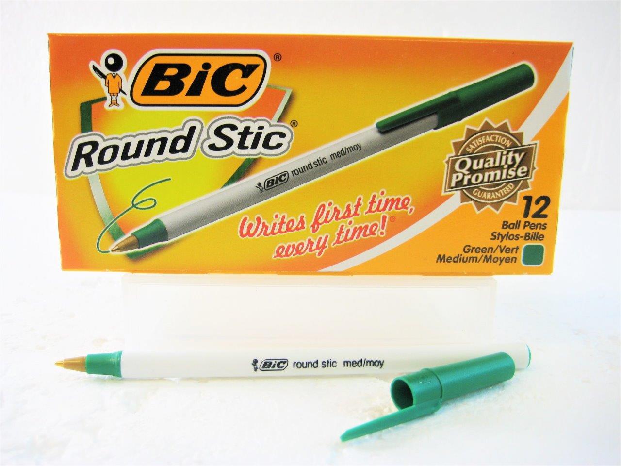 60Count Bic Round Stic Ball Pens Color GREEN Med. Point, 5 Boxes of