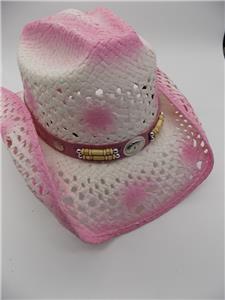 Straw Pink & White Cowboy Hat Pink Band W/Conchos Western  display picture 3