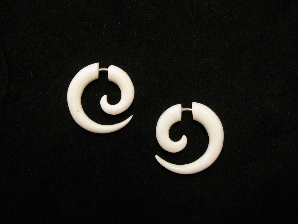Bone Horn Or Wood Tiny Tribal Spirals Fake Taper Earrings Cheaters Bone Horn Or Wood Tiny Tribal Spirals Fake
