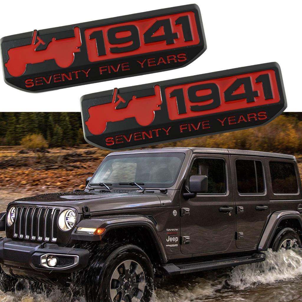 Pair Metal Emblem JEEP 1941 75th Anniversary Red / Black Side Door