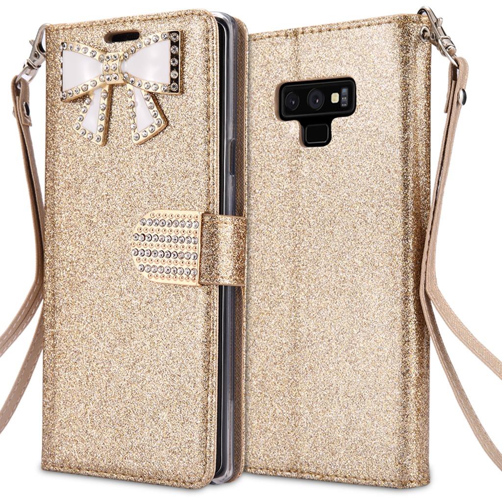 Funda Billetera Galaxy Note 9, Estuche Abatible Cuero PU Brillante Rin - Imagen 2 de 5