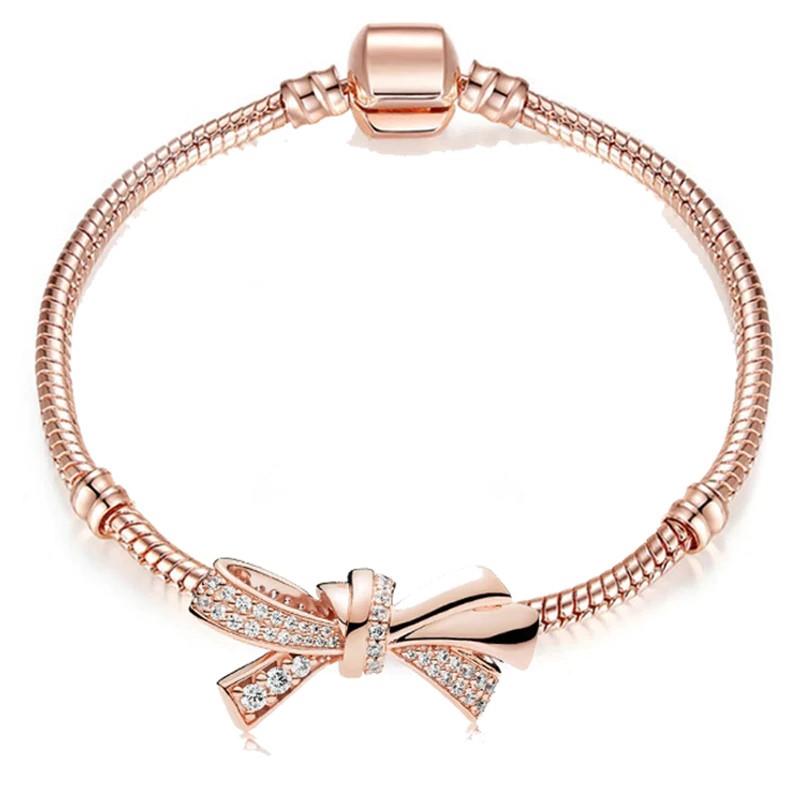 Crystal Bow Charm Bracelets Silver Plated Rose Gold Bracelet Women Ladies Bead