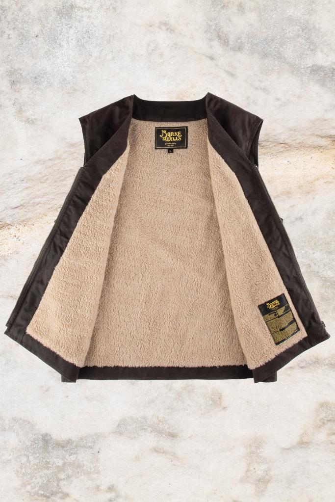 New Burke & Wills Balranald Vest 6Oz Oilskin Adult Winter Vest Brown Sherpa - Picture 9 of 14